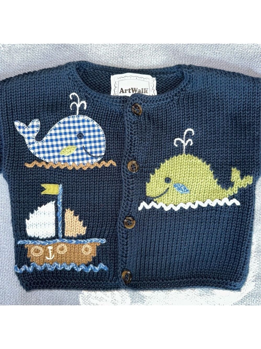 NWOT Unisex Infant 12M ArtWalk Knit Button Up Cardigan Sweater Blue Whale Boat